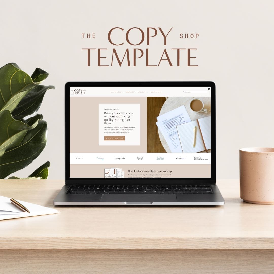 A laptop displaying a website called "The Copy Template Shop" sits on a light desk next to a plant and a beige mug, inspiring ideas to rebuild websites with fresh, creative templates.