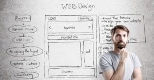 A man stands in front of a whiteboard with a website layout diagram and a list of steps for designing an effective website sketched in black marker.