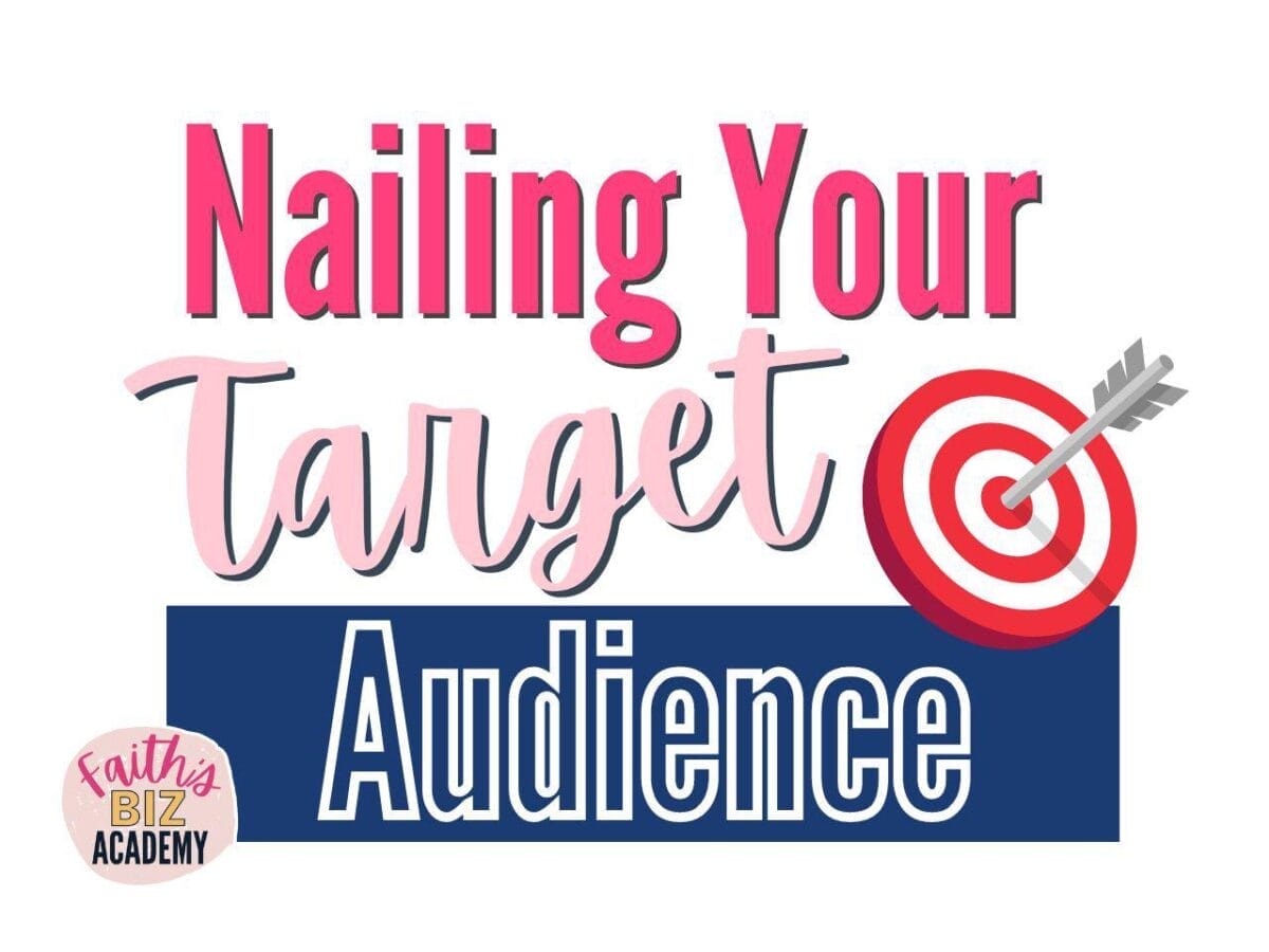 Text graphic reads "Nailing Your Target Audience" with a target and dart image, highlighting the importance of designing an effective website. "Faith's Biz Academy" logo appears in the bottom left corner.