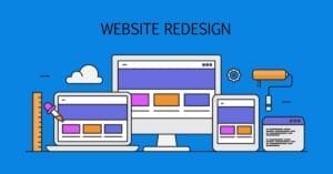 Illustration of a website redesign concept with desktop, laptop, and tablet screens, design tools, and the text "Rebuild Website" on a blue background.