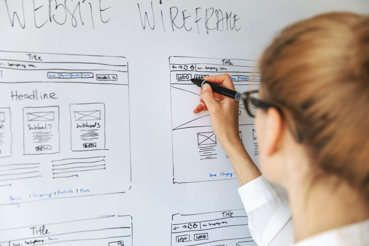 A person sketches website wireframes with marker on a whiteboard, planning to rebuild website layouts and headers labeled "Title" and "Headline.