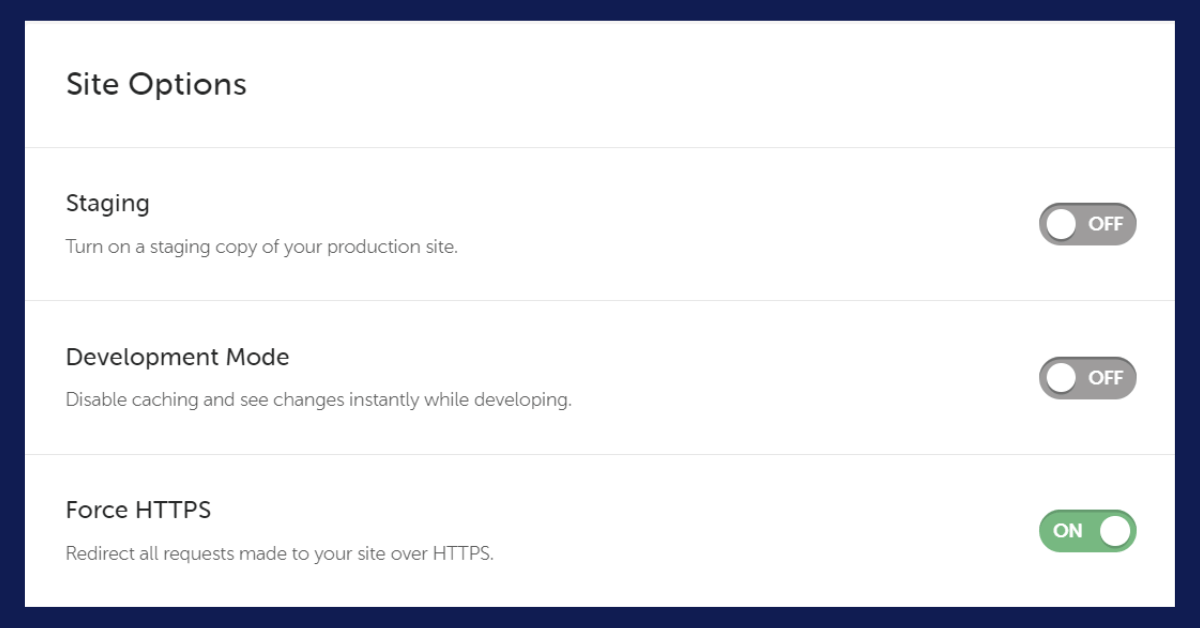 A website settings page showing toggles for Staging (off), Development Mode (off), and Force HTTPS (on) to demonstrate how to secure website HTTPS settings.