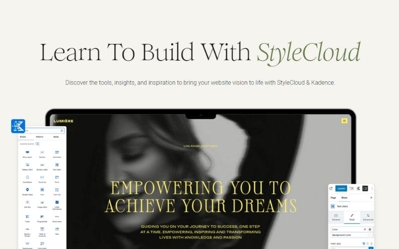 A laptop screen displays a website editor interface using a WordPress template, with the text “Empowering you to achieve your dreams” over a grayscale image of a woman.
