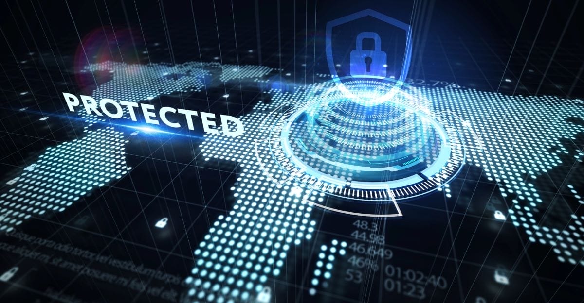 A digital map of the world with a padlock symbol and the word "PROTECTED," representing global cybersecurity, data protection, and how to secure website HTTPS.