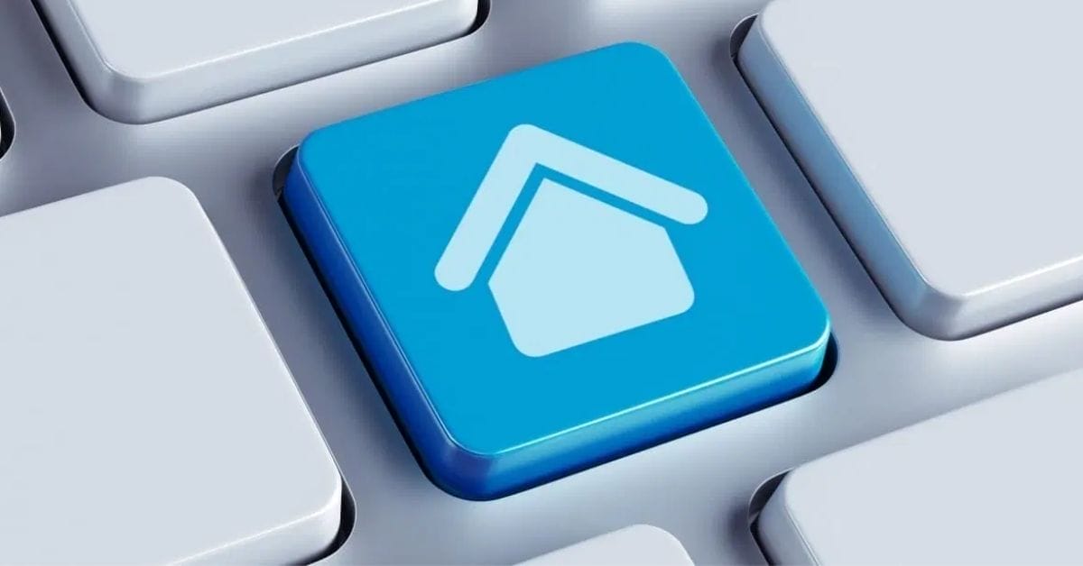A computer keyboard with a prominent blue key featuring a white house icon, symbolizing key elements of a homepage, surrounded by standard white keys.