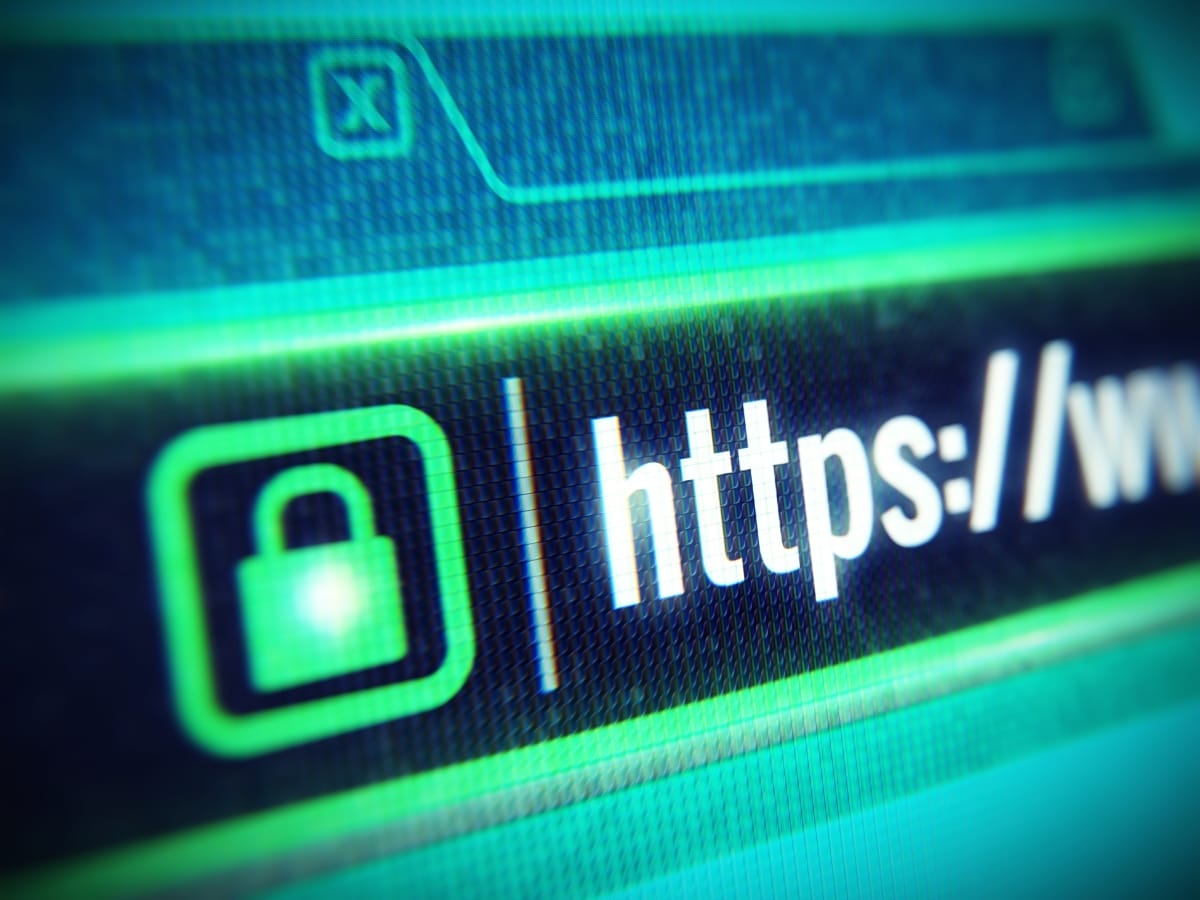 Close-up of a web browser address bar displaying a green padlock icon and "https://"—a visual cue for website security. Learn how to secure your website with HTTPS and protect user data with encrypted connections.