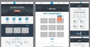 Three web page mockups display a business portfolio website, using a WordPress template, with sections for services, projects, testimonials, about, and contact information in a blue, white, and orange color scheme.