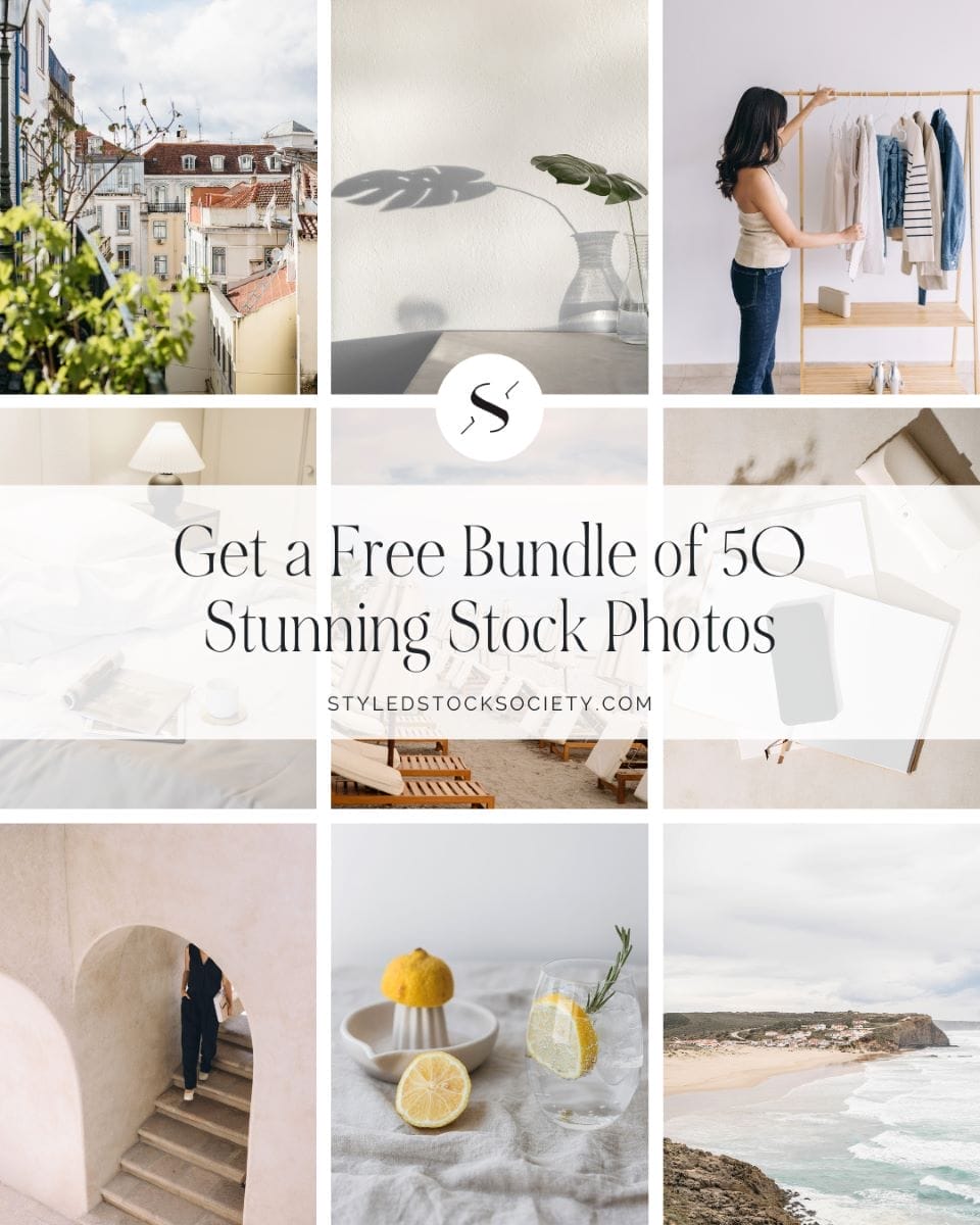 A collage of minimal, bright lifestyle and travel high quality stock photos with text overlay: “Get a Free Bundle of 50 Stunning Stock Photos” and the website styledstocksociety.com.