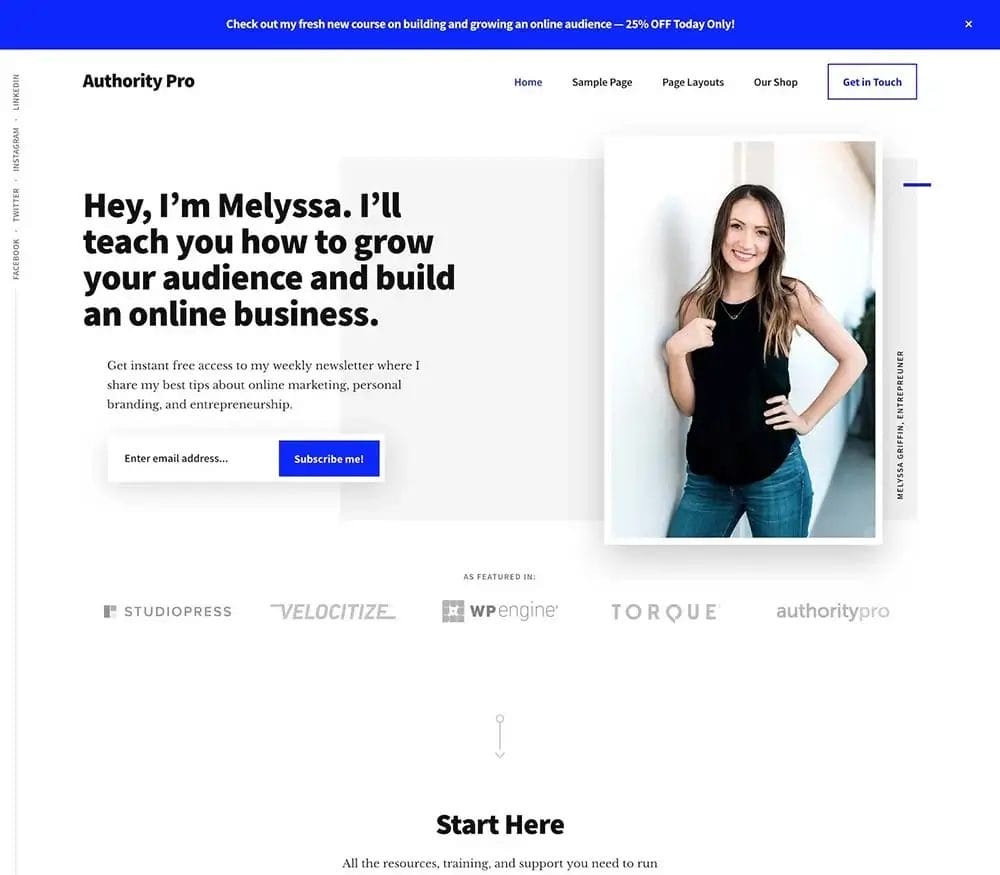Screenshot of a website homepage built on the StudioPress Genesis Framework, featuring a welcome message from Melyssa about audience growth and online business, her photo on the right, and a newsletter signup form on the left.