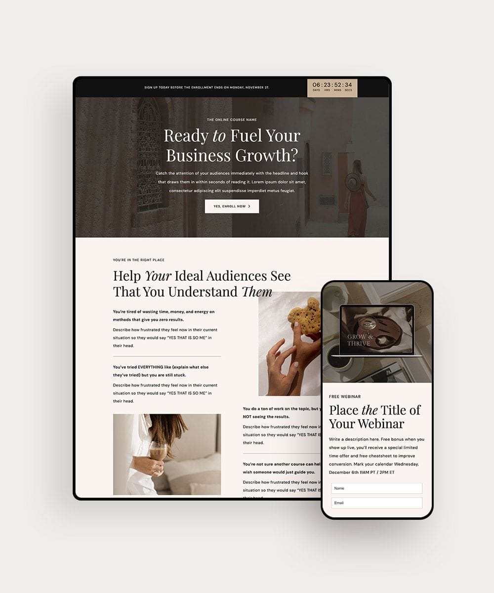 Tablet and smartphone screens display a webinar landing page, built to create a landing page WordPress style, featuring a registration form, countdown timer, and sections detailing the event and its benefits.
