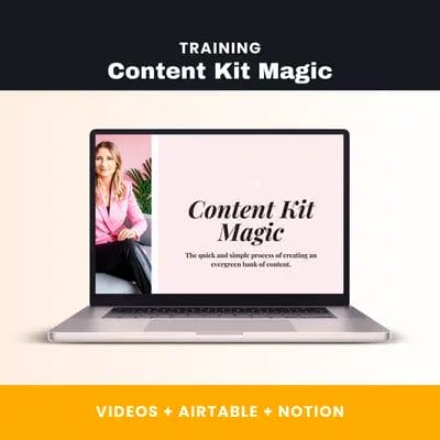 A laptop screen displays a Content Kit Magic training presentation beside a photo of a woman. Text below highlights "VIDEOS + AIRTABLE + NOTION"—perfect tools for mastering copywriting and content writing skills.