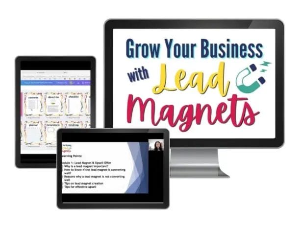 Three digital devices display business growth materials with the phrase "Grow Your Business with Lead Magnets" shown on a computer monitor, highlighting how you can easily create a landing page WordPress users love.