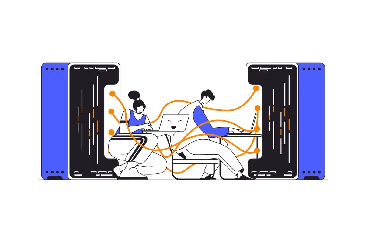 Two people sit at desks using laptops, connected by orange lines to two large server racks on either side, visually representing the differences between managed WordPress hosting vs shared hosting and their network connections.