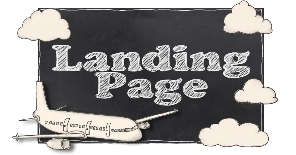 A drawing of an airplane and clouds surrounds the words "Landing Page," written in large chalk-style font on a blackboard background—a perfect inspiration if you want to create a landing page WordPress design.