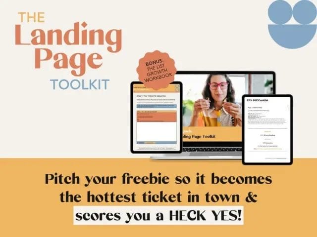 A digital toolkit called "The Landing Page Toolkit" is displayed on a laptop, tablet, and phone with promotional text about increasing the appeal of freebies—perfect for those looking to create a landing page WordPress style.