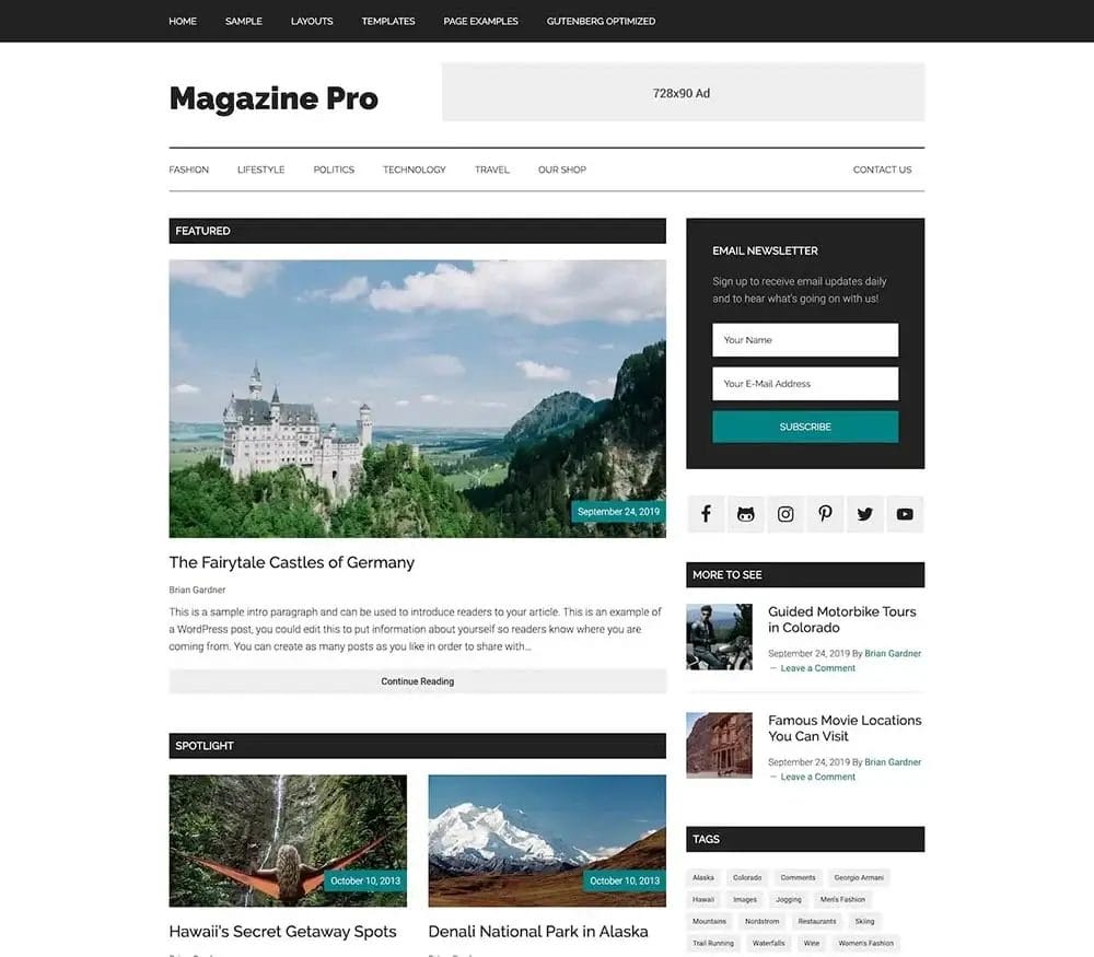 A news website homepage template built on the StudioPress Genesis Framework, featuring a main article with an image of a German castle, sidebar newsletter signup, recent posts, and categories menu.