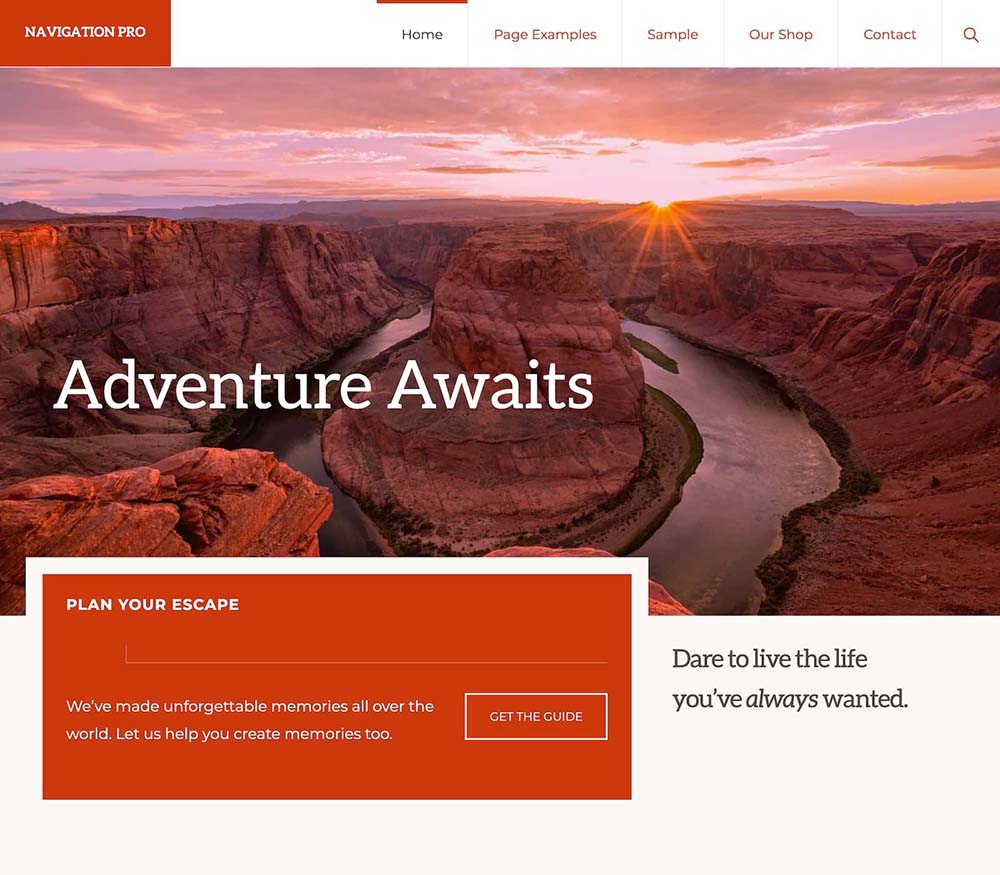 A scenic view of a winding river through red canyon cliffs at sunset, with website text overlay promoting travel and adventure—crafted on the Studiopress Genesis Framework for optimal style and performance.