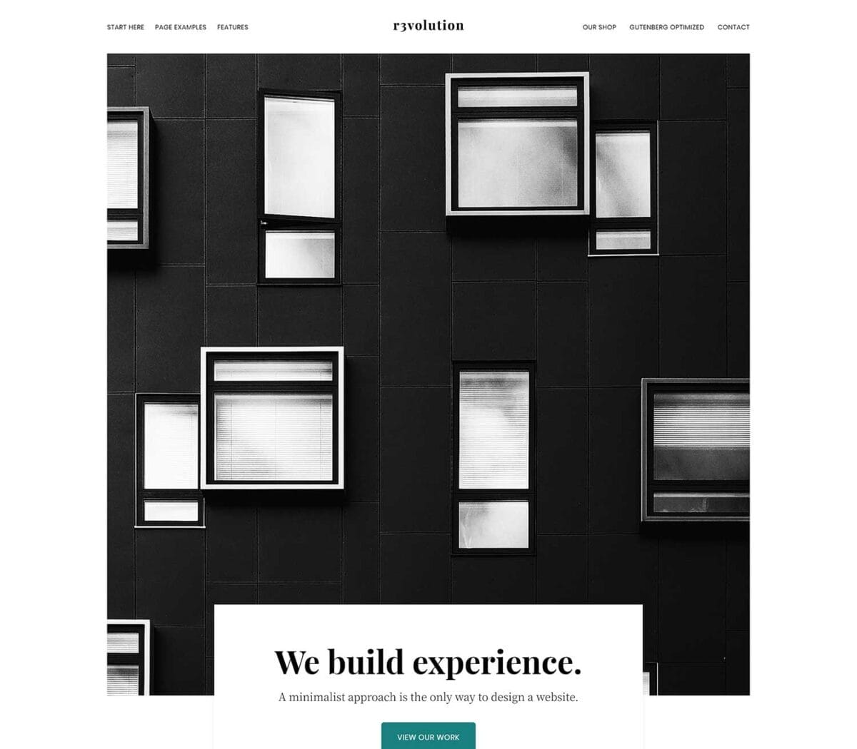 A modern, minimalist website homepage built with the StudioPress Genesis Framework features a black and white photo of windows on a dark building and the headline "We build experience.