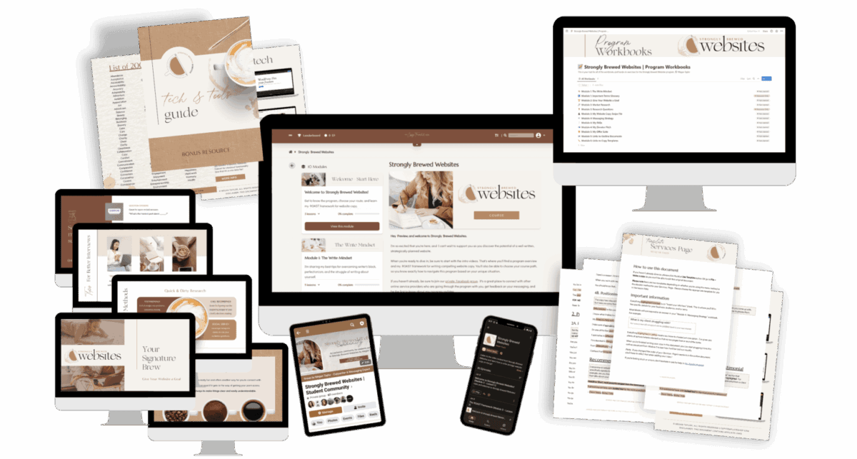 Multiple digital devices display website building guides, worksheets, and checklists in neutral tones, suggesting an online course or resource about creating branded websites with a focus on copywriting and content writing.