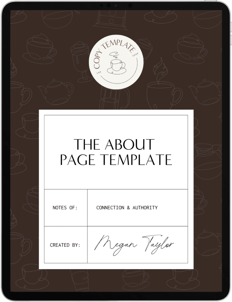 Tablet screen displays "The About Page Template" with sections for notes and creator, designed on a dark background with cup illustrations—ideal for showcasing copywriting and content writing expertise.