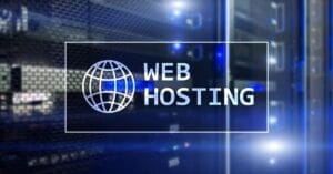 A server room with computer racks and a digital overlay displaying a globe icon and the words "Web Hosting" in white text, highlighting the difference between managed WordPress hosting vs shared hosting.