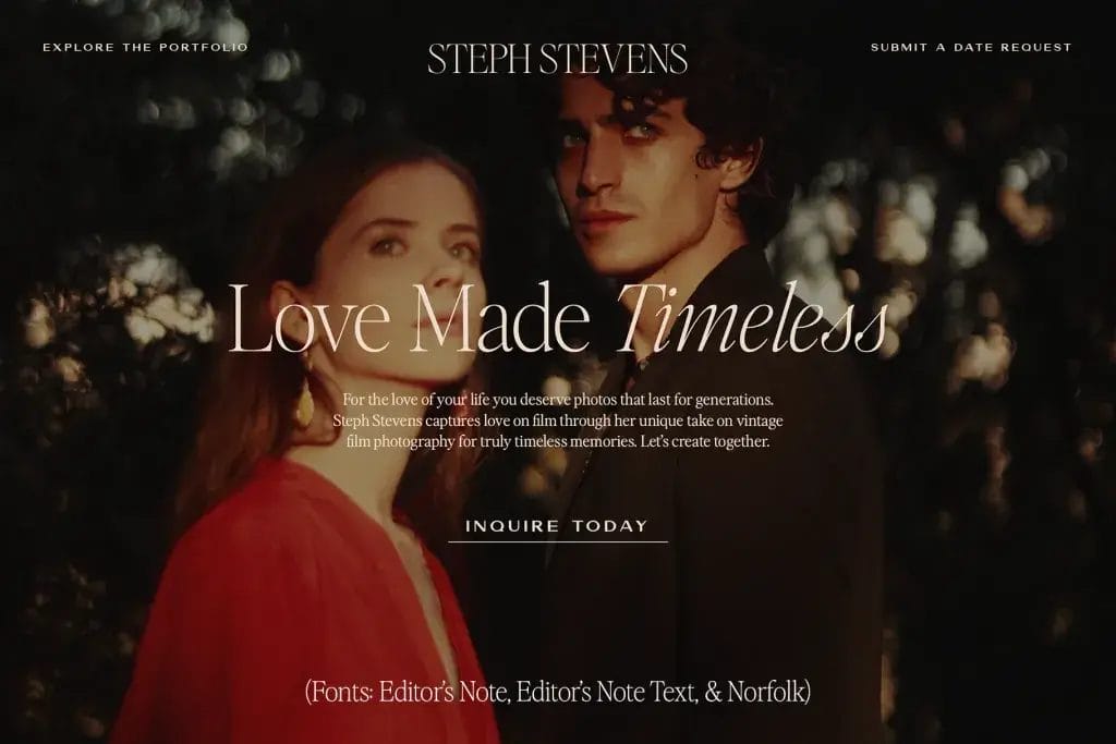A man and woman stand close together outdoors, softly lit with shadows and highlights, beneath text promoting timeless photography by Steph Stevens—showcasing elegant font pairings for websites.