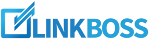 Logo with the word "LINKBOSS" in blue uppercase letters, featuring a stylized square and upward arrow—reflecting what drives traffic to a website—positioned to the left of the text.