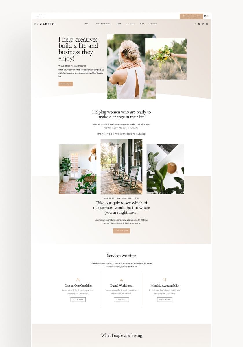 Website homepage featuring a header with a woman’s back, text about building a life and business, service sections, plant imagery, and buttons for quizzes and service details—all designed with a soothing white and beige palette on WordPress.com or .org for website ease.