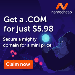 Ad for Namecheap offering .COM domains for $5.98, featuring a gorilla holding a glowing orb. Unsure whether to choose WordPress.com or .org for your website? Click "Claim now" and secure your domain today!.