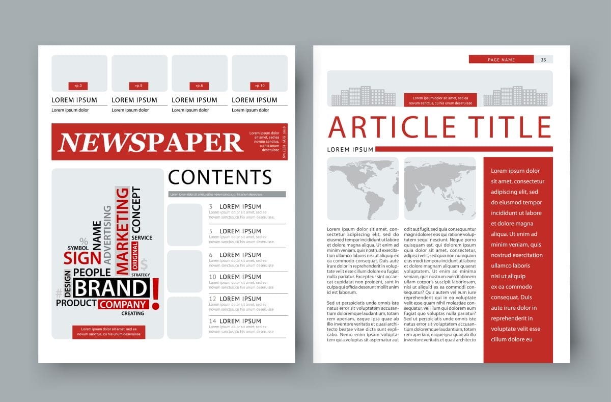 Two-page newspaper layout with font pairings for websites, placeholder headlines, text blocks, word cloud, table of contents, world maps, and red accents on a white background.