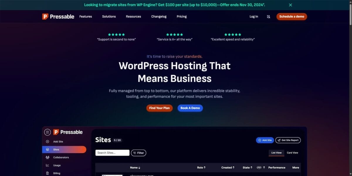 Screenshot of the Pressable website homepage promoting WordPress hosting services, featuring navigation links, a promotional banner, and guidance on choosing wordpress com or org for website needs, plus options to find plans or book a demo.