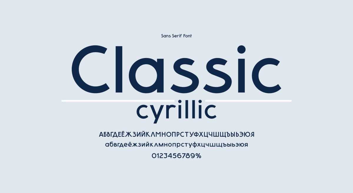 Sample of a sans serif font titled "Classic cyrillic," displaying uppercase and lowercase Cyrillic alphabet and numbers on a light background—perfect for exploring font pairings for websites.