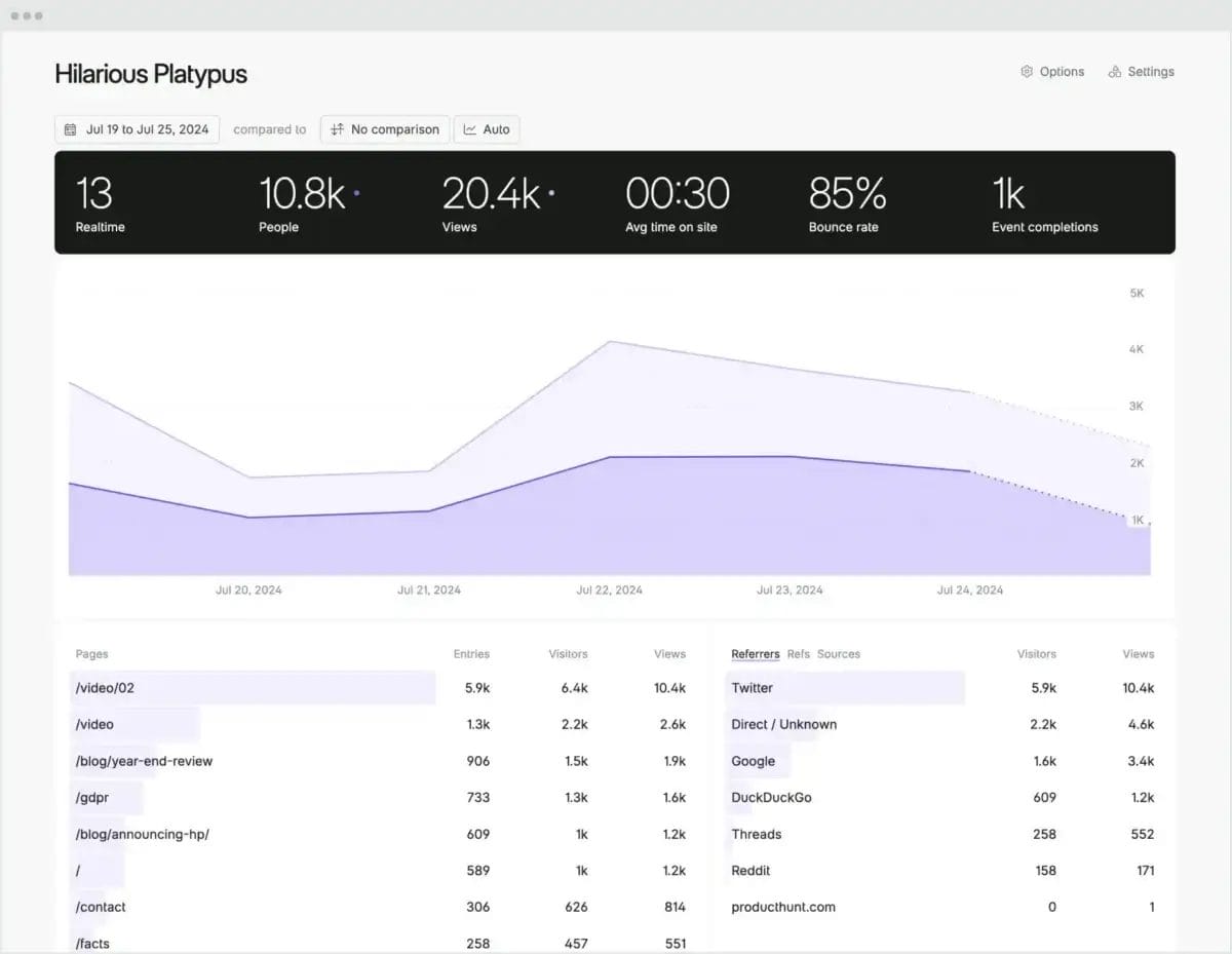 Analytics dashboard showing website traffic data: visits, average time, bounce rate, and completions from July 19–25, 2024—featuring line graphs and metrics by page and referral source to reveal what drives traffic to a website.