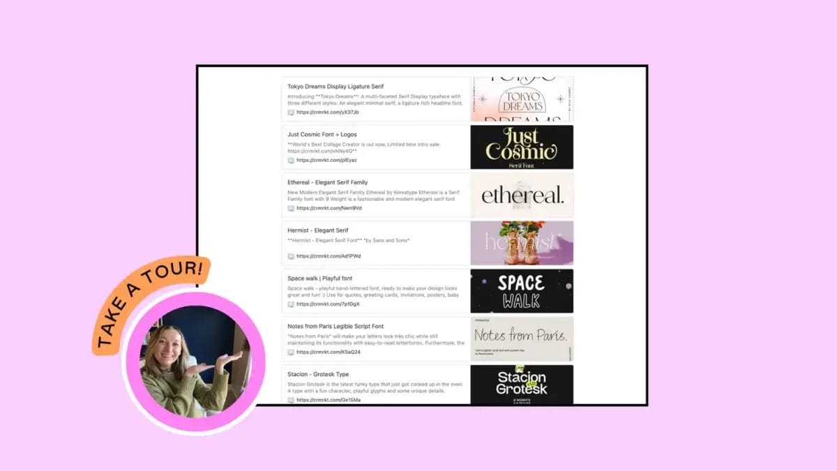 Screenshot of a website showcasing elegant serif and sans-serif font pairings for websites, with a circular "Take a Tour!" icon featuring a woman pointing in the bottom left corner.