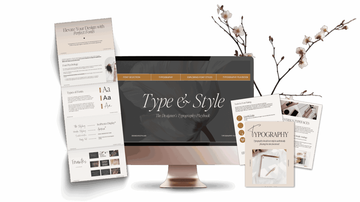 A computer monitor displays "Type & Style: The Designer’s Typography Playbook," surrounded by printed guides on font pairings for websites and cotton branches on a transparent background.