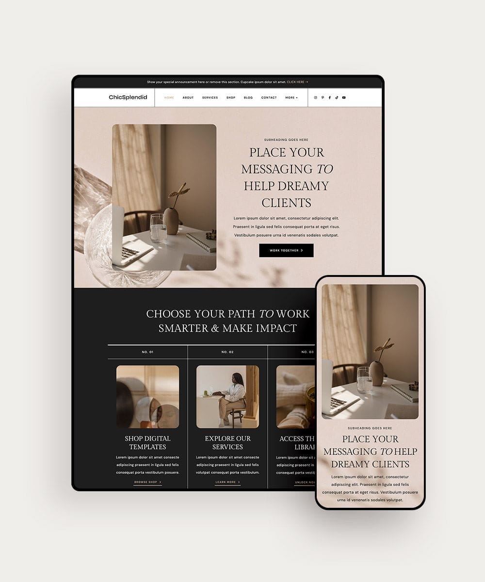 A tablet and smartphone display a modern website homepage featuring neutral colors, a desk scene photo, and sections for digital templates, services, resources, and tips on what website builder should I use.