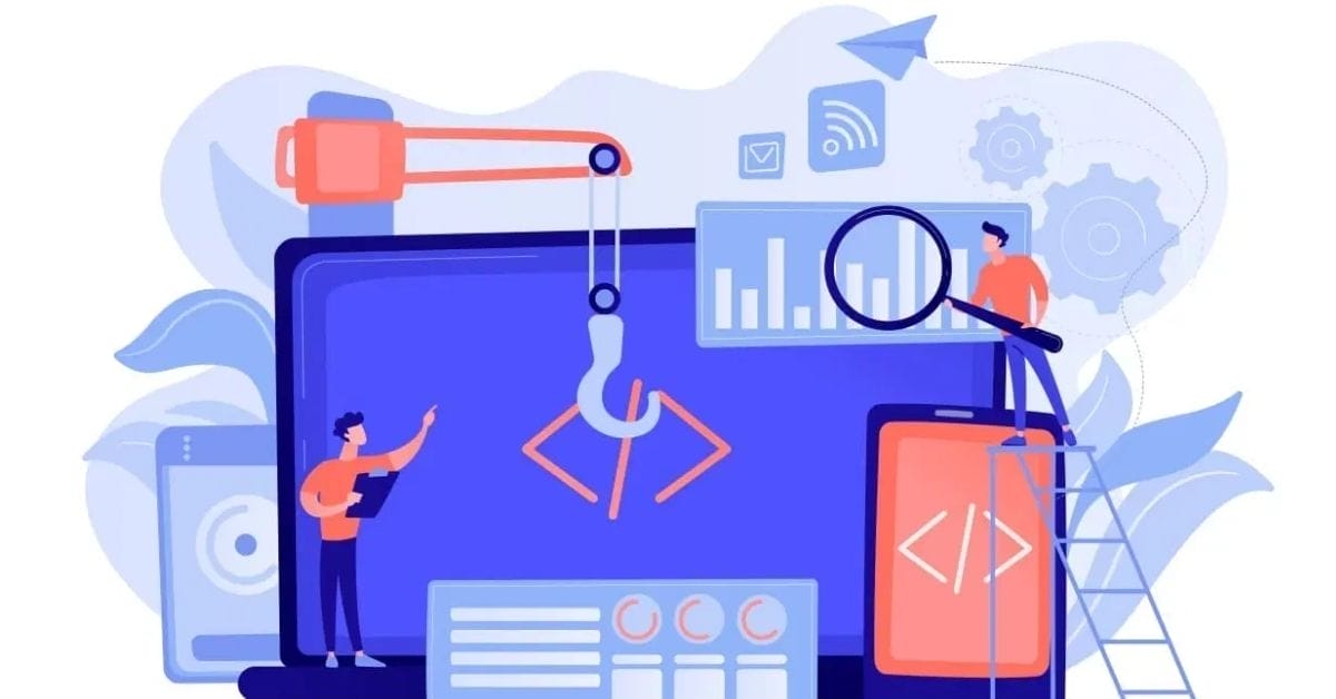 Illustration of people analyzing data and coding on large digital screens, with gears, charts, and development tools in a tech workspace—perfect for those wondering, "what website builder should I use?.
