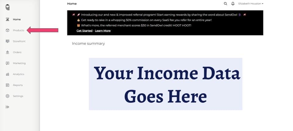 A dashboard screen displays a left sidebar menu with an arrow pointing to "Products"—ideal for managing your SendOwl digital products—and a main section titled "Your Income Data Goes Here.