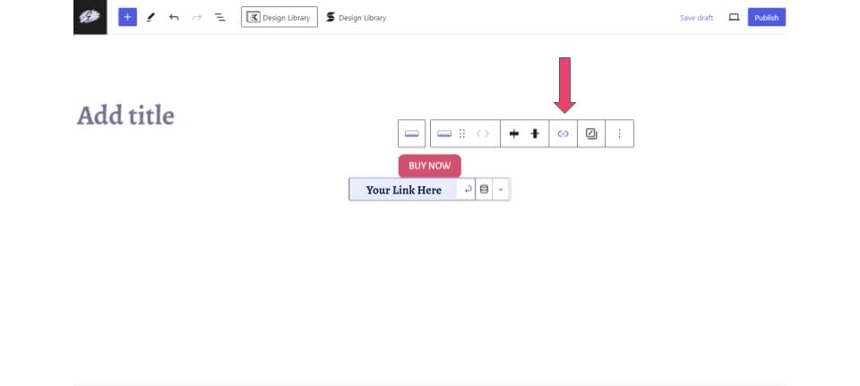 A webpage editor displays formatting tools with a red arrow pointing to the settings icon; "Add title" text and button options are visible below, making it easy to customize SendOwl digital products.