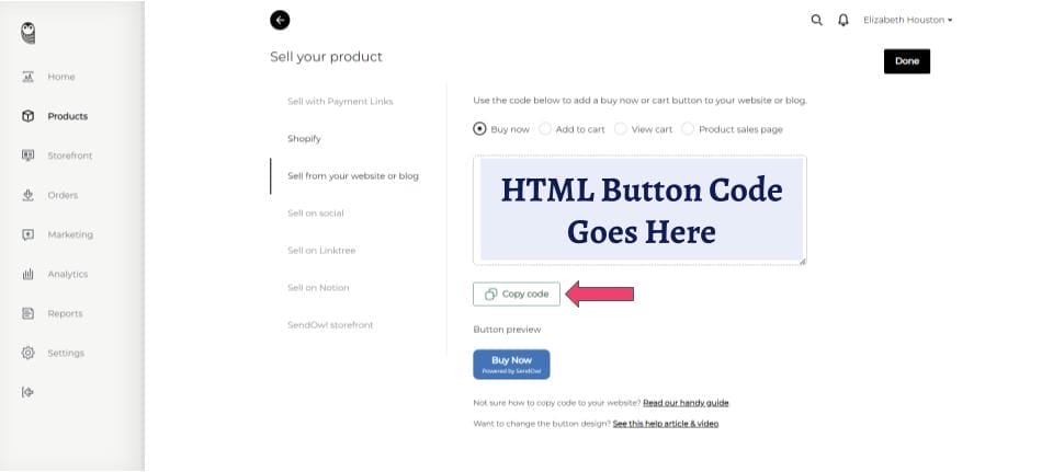 A webpage showing instructions to add a SendOwl Buy Now button for digital products; an arrow points to a “Copy code” button below an HTML code box labeled “HTML Button Code Goes Here.”.