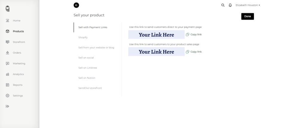 Screenshot of a digital product selling platform interface with sendowl and wordpress integration, featuring options for payment links and customization, including a “copy link” button.