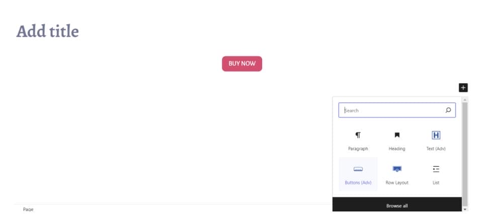 A webpage editor screen with an "Add title" text, a "BUY NOW" button for SendOwl digital products, and a block menu open in the bottom right corner showing options like Paragraph and Heading.