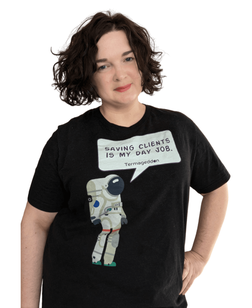 A person with curly hair is wearing a black t-shirt with a cartoon astronaut and the text "Saving clients is my day job. Termageddon," proudly showcasing their dedication to WordPress Care Plans.