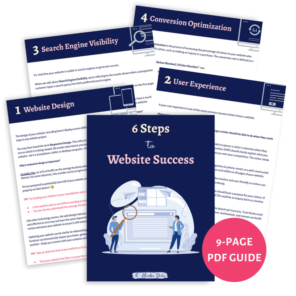 Four pages are shown with headings "Website Design," "User Experience," "Search Engine Visibility," and "Conversion Optimization," alongside a cover page titled "6 Steps to Website Success." This 9-PAGE PDF GUIDE is your roadmap to achieving website optimization and Ultimate SEO mastery.