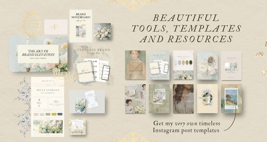 A display of branding and web design tools, templates, and resources, including mood boards, florals, Instagram post templates, and books, with the text "Beautiful Tools, Templates and Resources.