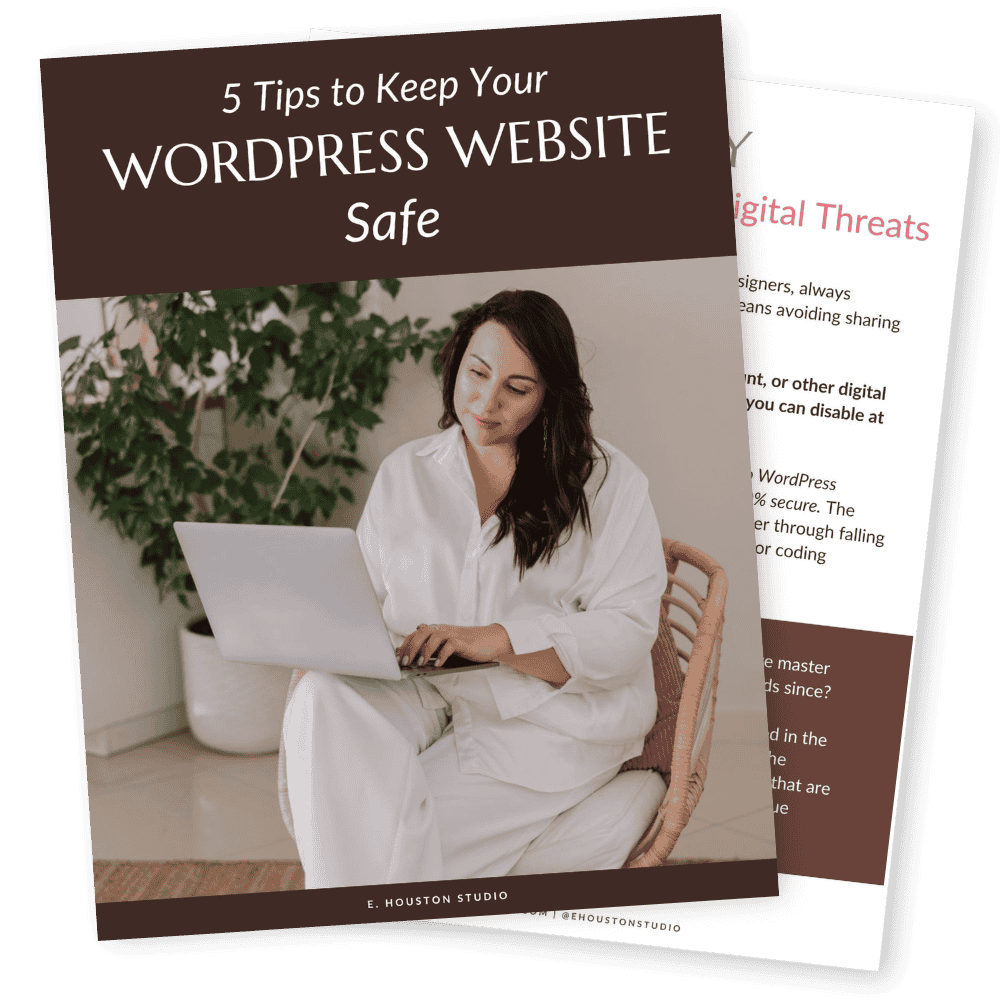 Person in white outfit using a laptop is featured on a cover titled "5 Tips to Keep Your WordPress Website Safe." A document with text is partially visible behind it.