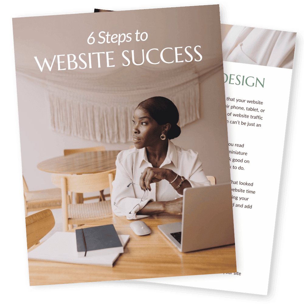 A woman at a desk works on a laptop. The cover reads "6 Steps to Website Success." Another page shows text about website design.