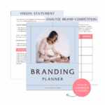 Branding Planner workbook cover with a person organizing items on a table. Background shows pages on vision statement and brand competition analysis.