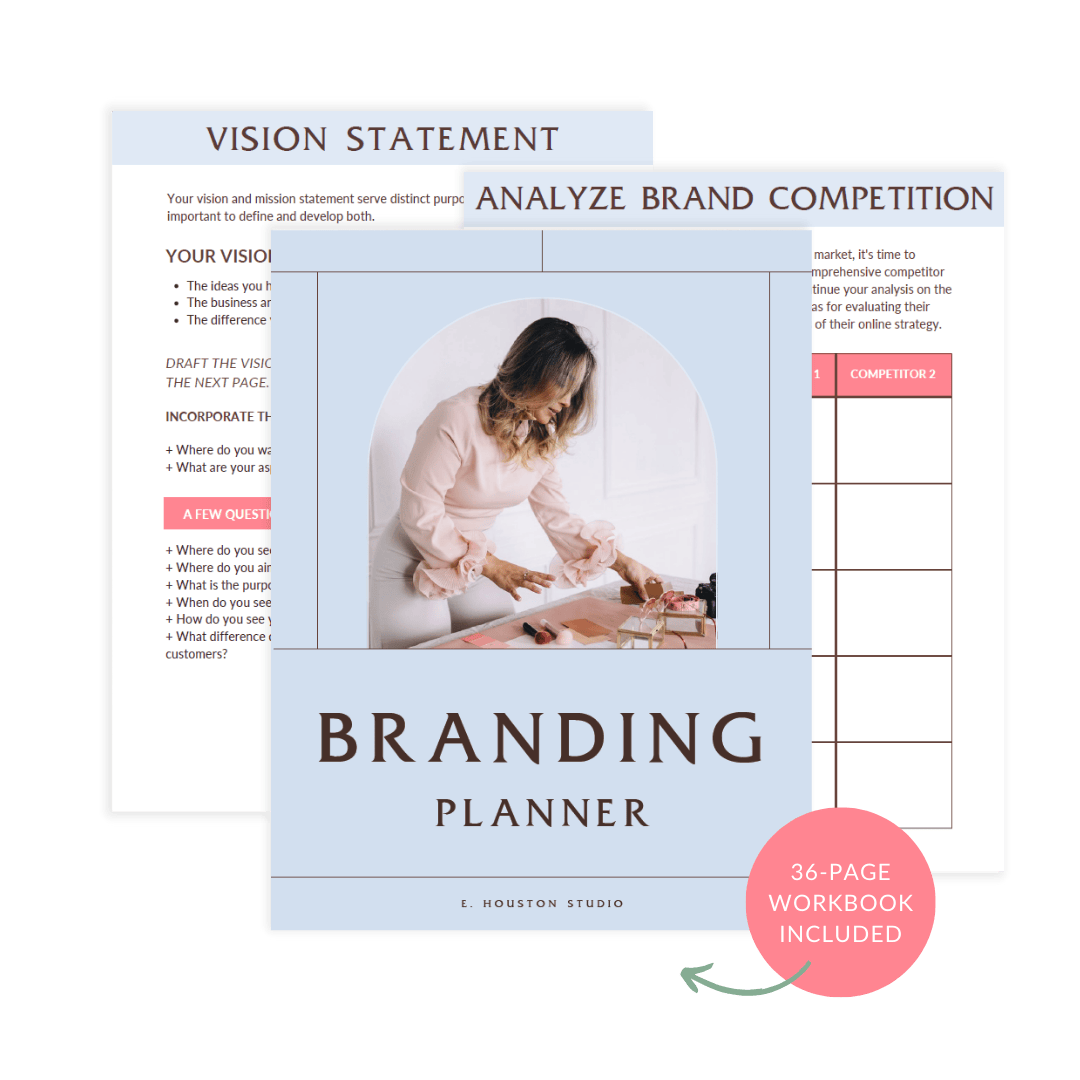 Branding Planner workbook cover with a person organizing items on a table. Background shows pages on vision statement and brand competition analysis.