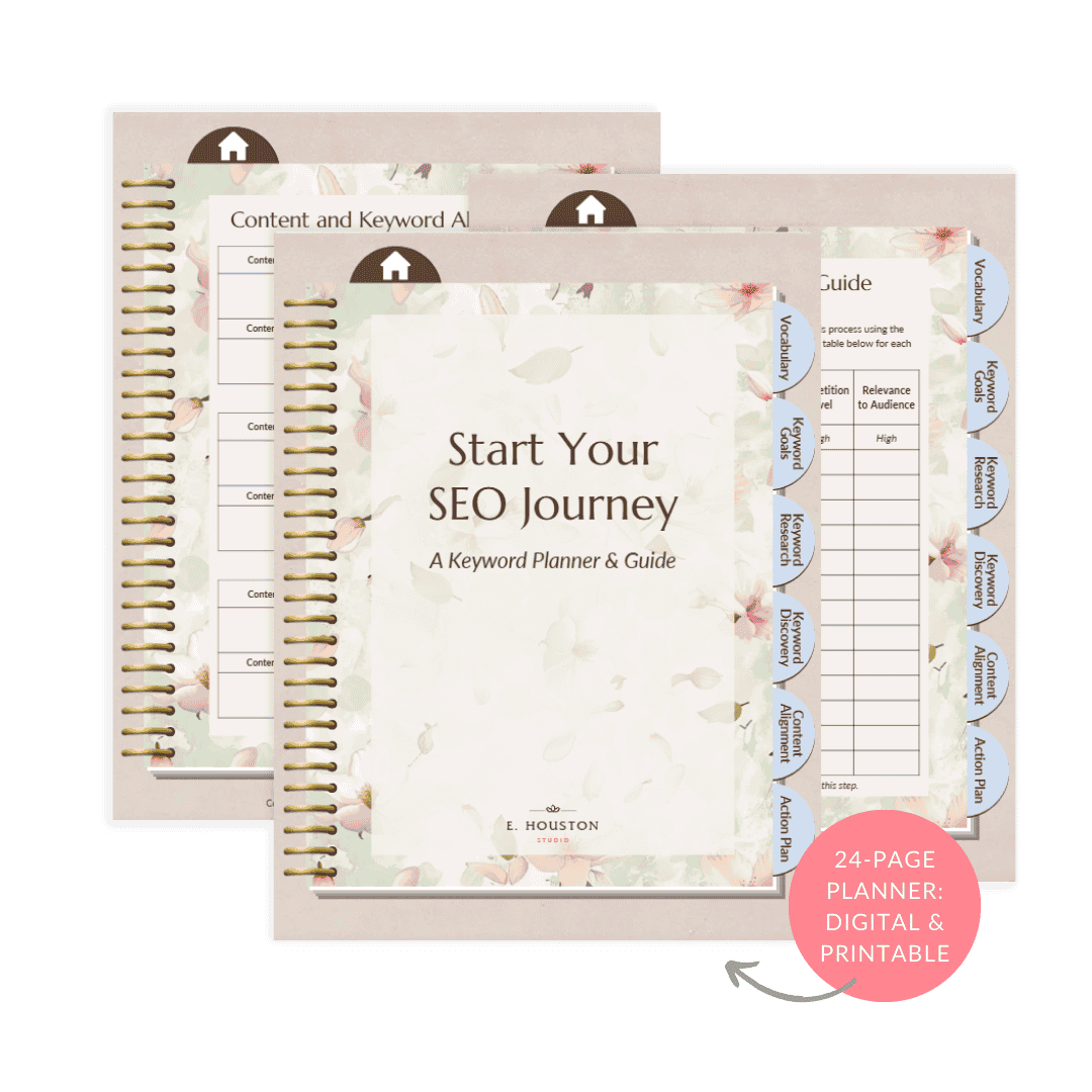 Three spiral-bound planner pages titled "Start Your SEO Journey: A Keyword Planner & Guide" with tabs and content sections. A label notes it's a 24-page digital and printable planner.